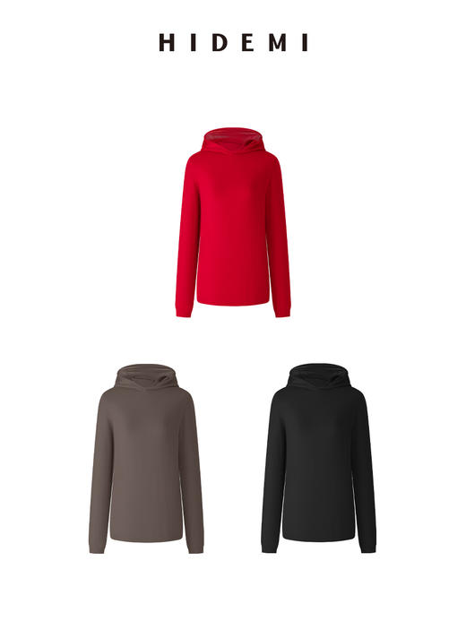 HIDEMI 进口美利奴羊毛精纺超细纱线亲肤柔软感连帽极简针织毛衫毛衣帽衫上衣 马斯正红/巧克力色/黑色 商品图8