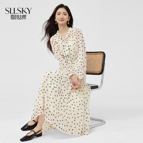 【五折购】熙世界波点连衣裙女长袖2025年早秋新款法式气质收腰飘带雪纺长裙