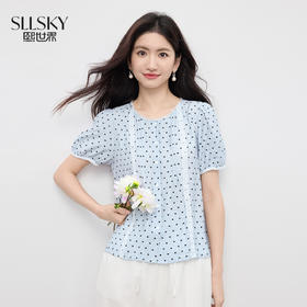 熙世界爱心印花泡泡袖衬衫女夏季设计感小众蕾丝花边圆领气质小衫