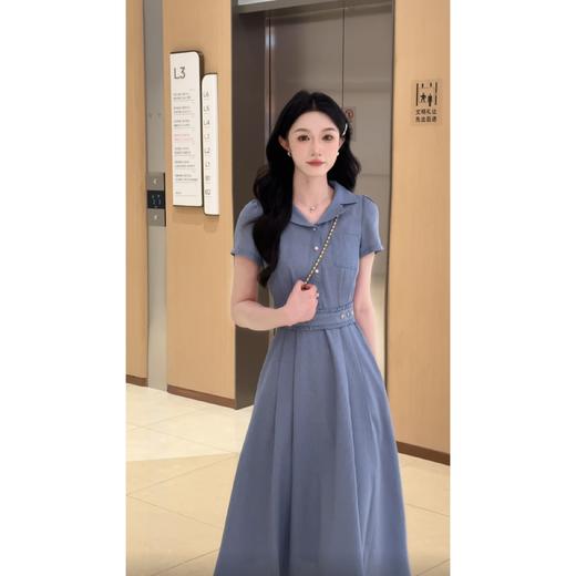 鹿向南「冰蓝诗语」夏季新款翻领连衣裙女收腰显瘦休闲短袖长裙 商品图3