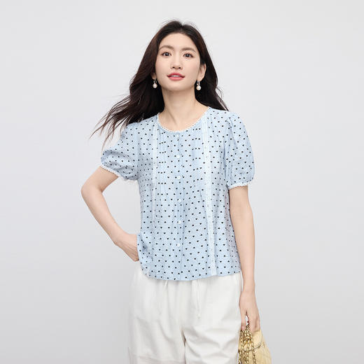 熙世界爱心印花泡泡袖衬衫女夏季设计感小众蕾丝花边圆领气质小衫 商品图4