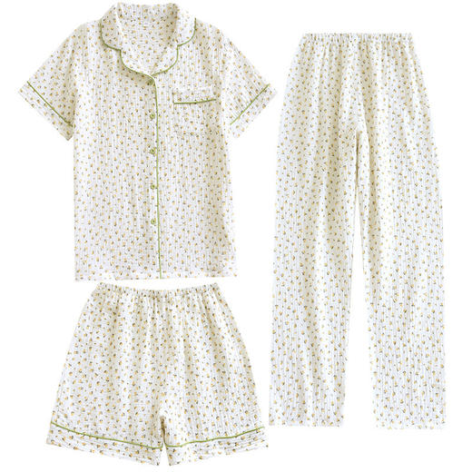 雀说薄款纯棉纱布睡衣三件套女士短袖长裤绉布棉家居服套装AL 商品图4