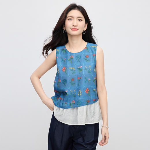 【07/30新品6.5折】熙世界假两件植物印花无袖衬衫女夏季不规则拼接别致独特背心上衣 商品图4