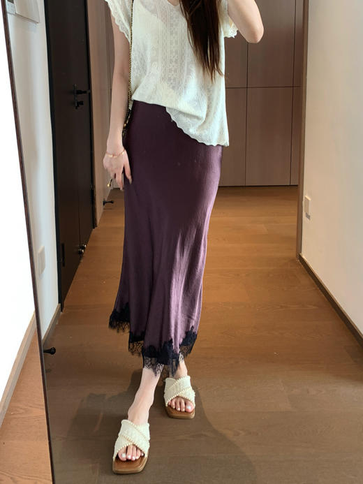 睫毛蕾丝拼接100醋酯缎垂顺丝滑松紧腰鱼尾半身裙中长裙夏款！ 商品图8