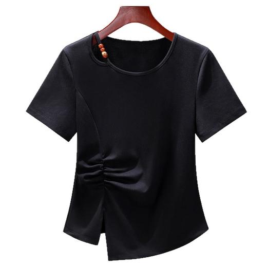 「自j」全新升级【铂金会员109/天猫149/差价40】(03206)洛诗琳不规则设计感T恤2025夏季小众褶皱开叉正肩显瘦上衣女 商品图4