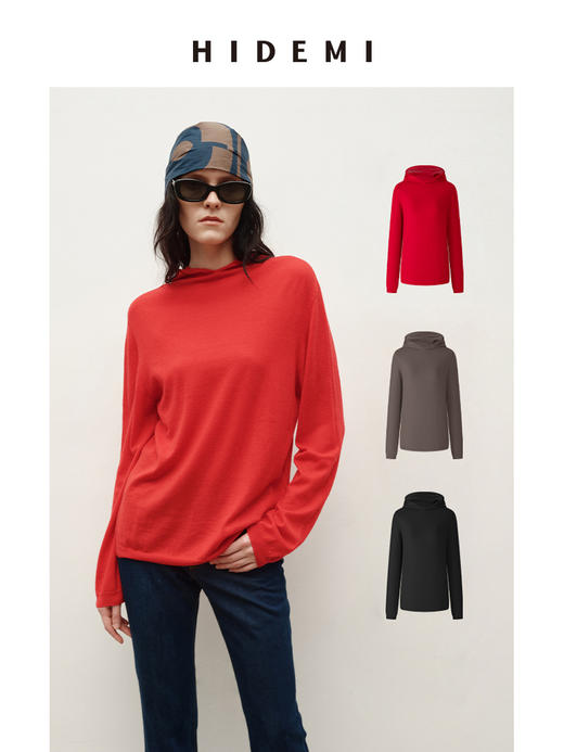 HIDEMI 进口美利奴羊毛精纺超细纱线亲肤柔软感连帽极简针织毛衫毛衣帽衫上衣 马斯正红/巧克力色/黑色 商品图0