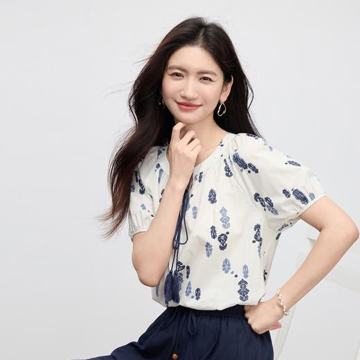 【周末秒杀】熙世界度假风复古碎花衬衫女夏季2025年新款气质印花短袖纯棉小衫 商品图3