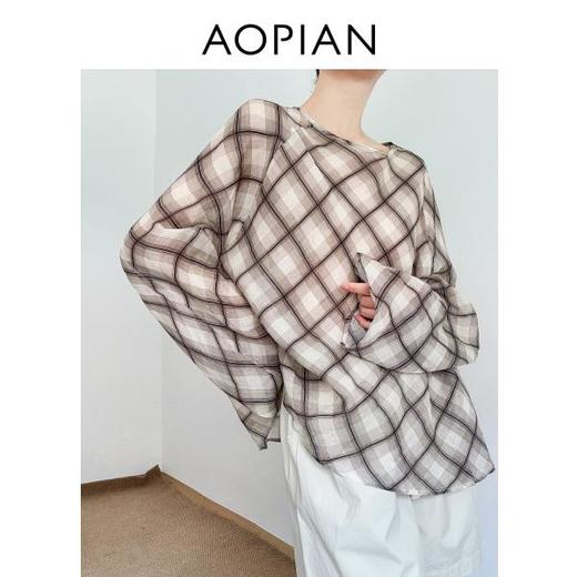 奥篇咖色格纹印花罩衫 高智感苎麻宽松上衣衬衫 商品图2
