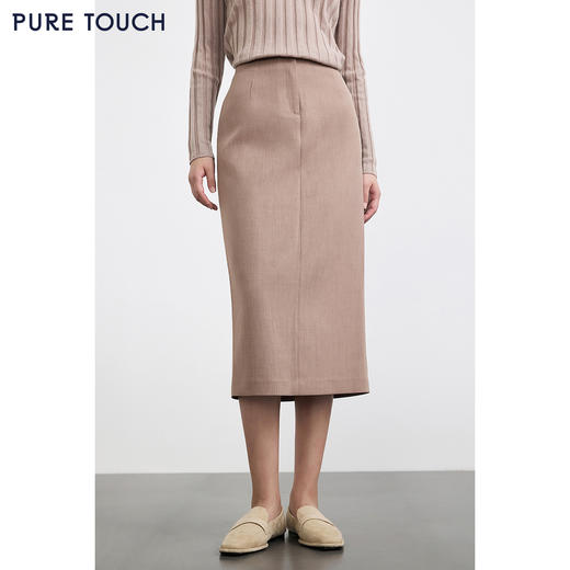 PURE TOUCH 浅驼色高腰直筒中长款半身裙 商品图0