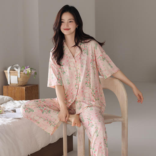 雀说睡衣女夏季莱赛尔开衫短袖长裤薄款夏天凉感莫代尔休闲家居服套装AL67007 商品图2
