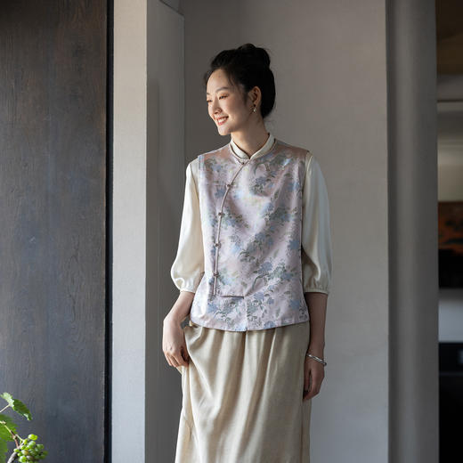 牧衣游原创 重磅怡红快绿织锦马夹文艺复古禅意新中式开衫 半边海 商品图0