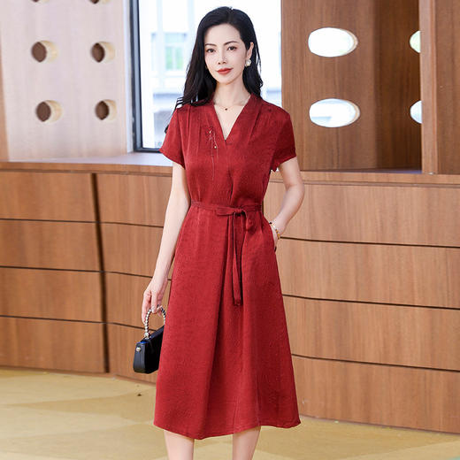 丁摩 夏装冠乐绉香云纱真丝连衣裙女装气质短袖裙子5ZF-221930 商品图3