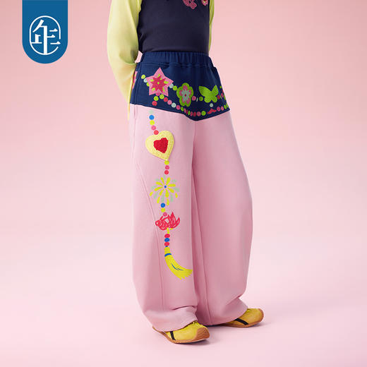 年衣童装儿童长裤25年秋季新款高腰拼色公主宽松裤子弯刀裤阔腿裤花火虹心长裤 商品图0