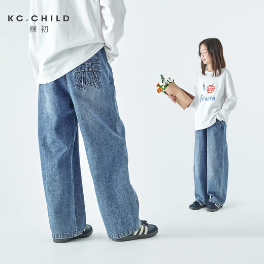 棵初2025年秋季新款亲子中大女童立体蝴蝶结长裤水洗蓝纯棉牛仔裤 商品图0