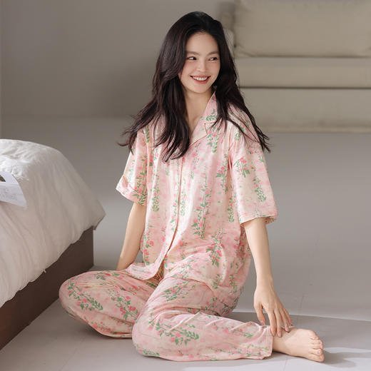 雀说睡衣女夏季莱赛尔开衫短袖长裤薄款夏天凉感莫代尔休闲家居服套装AL67007 商品图1