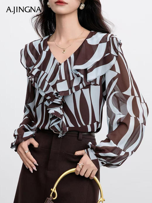 【几何印花】阿菁娜甜美荷叶边撞色几何印花小衫F30Q202002 商品图0