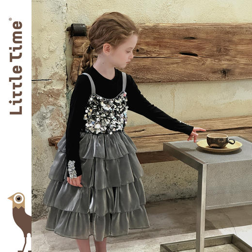 littletime女童2025新款秋装小女孩洋气亮片吊带裙儿童长袖T恤 商品图3