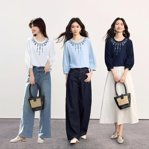 【周四狂欢价】熙世界民族风刺绣圆领T恤女初秋2025年新款宽松慵懒风七分袖上衣 商品图2