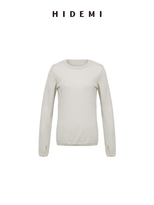 HIDEMI 美丽奴羊毛系列简约圆领薄款毛衣 鹅蛋黄/深棕色/灰白色 商品图1