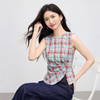 【07/30新品6.5折】熙世界复古红蓝格纹无袖背心女夏季设计感修身不规则褶皱开叉上衣 商品缩略图4