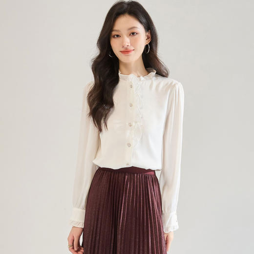 「高货sh」全新升级【铂金会员220/天猫289/差价69】(12122)洛诗琳白色木耳边立领衬衫2025秋季优雅通勤百搭雪纺上衣 商品图3