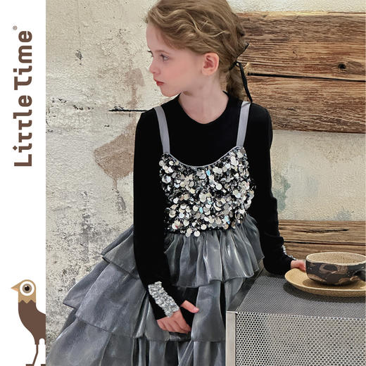 littletime女童2025新款秋装小女孩洋气亮片吊带裙儿童长袖T恤 商品图0
