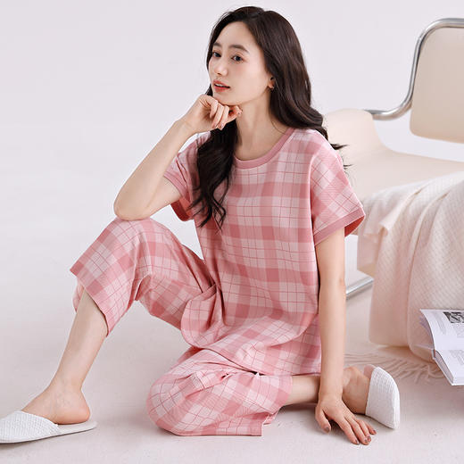 雀说夏季女士带胸垫一体纯棉睡衣夏天短袖七分裤薄款家居服防凹点套装AL99121 商品图3