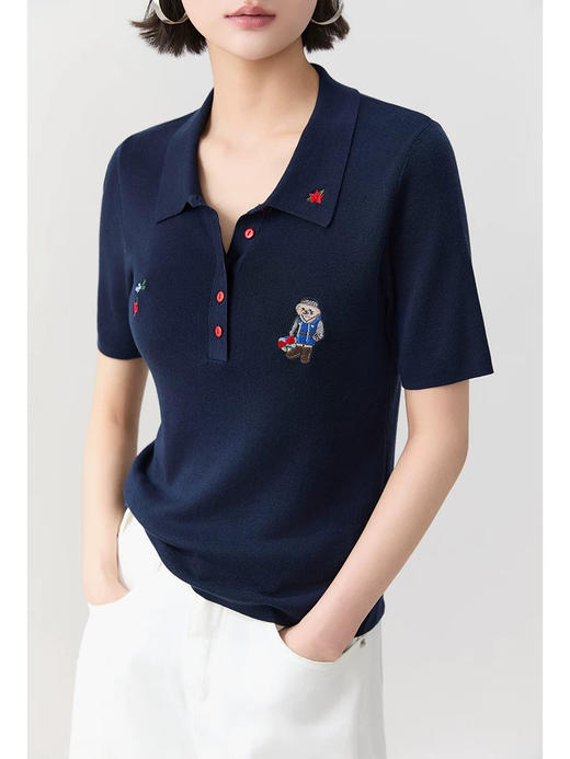 禾家同款苎麻天丝凉感刺绣小熊Polo衫 商品图1
