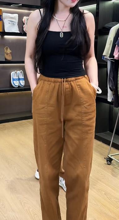 纯色松紧腰抽绳束脚工装裤 商品图0