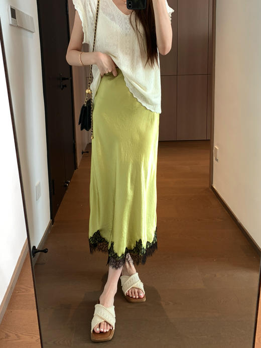睫毛蕾丝拼接100醋酯缎垂顺丝滑松紧腰鱼尾半身裙中长裙夏款！ 商品图9