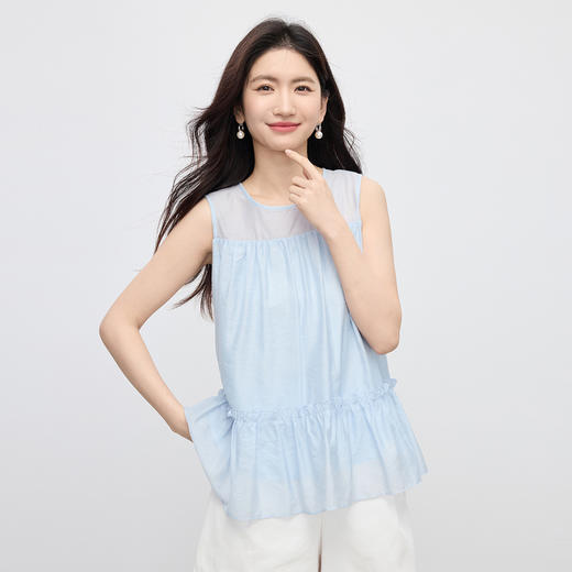 【07/30新品6.5折】熙世界淡人穿搭荷叶摆无袖衬衫女夏日新款设计感宽松圆领背心上衣 商品图3