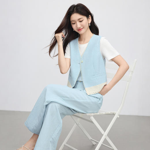 【07/30新品6.5折】熙世界小香风套装女夏季高级感天丝亚麻花边马甲休闲阔腿裤两件套 商品图4