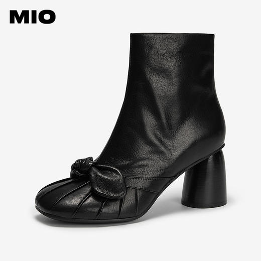 MIO米奥时装靴圆头高跟短筒靴粗跟黑色增高真皮靴子M255603002 商品图0