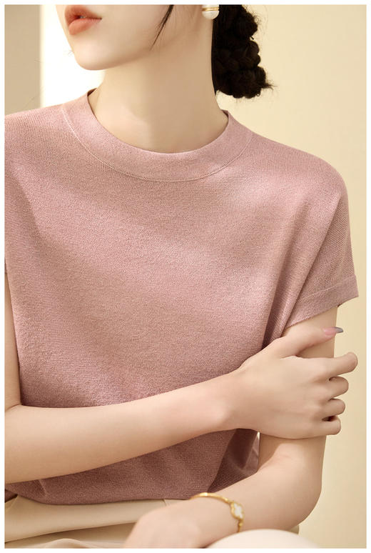 圆领星空纱冰丝针织衫短袖t恤女薄款莱赛尔天丝宽松上衣 商品图1