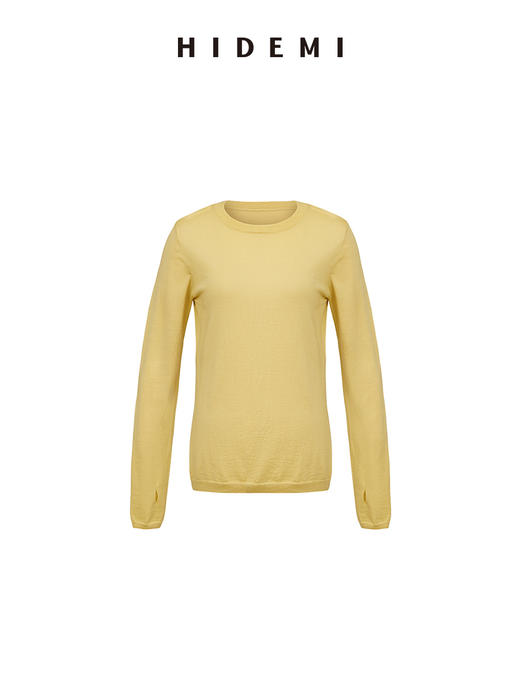 HIDEMI 美丽奴羊毛系列简约圆领薄款毛衣 鹅蛋黄/深棕色/灰白色 商品图2