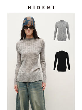 HIDEMI 极细美利奴羊毛花纱设计感前短后长开衩针织毛衣 花灰色/黑色