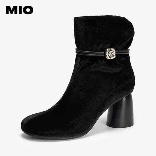 MIO米奥时装靴冬新款圆头高跟厚底百搭绒面瘦瘦靴羊皮短筒靴M255603055 商品图1