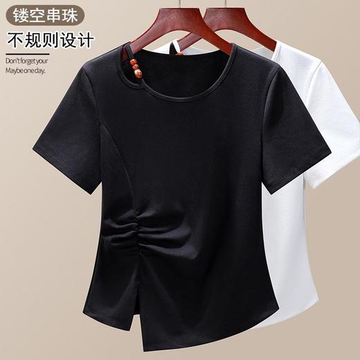 「自j」全新升级【铂金会员109/天猫149/差价40】(03206)洛诗琳不规则设计感T恤2025夏季小众褶皱开叉正肩显瘦上衣女 商品图1