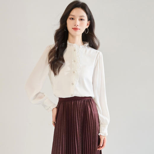 「高货sh」全新升级【铂金会员220/天猫289/差价69】(12122)洛诗琳白色木耳边立领衬衫2025秋季优雅通勤百搭雪纺上衣 商品图4