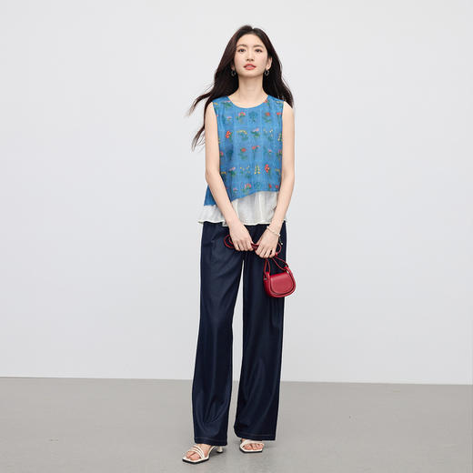 【07/30新品6.5折】熙世界假两件植物印花无袖衬衫女夏季不规则拼接别致独特背心上衣 商品图2