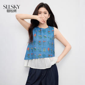 【07/30新品6.5折】熙世界假两件植物印花无袖衬衫女夏季不规则拼接别致独特背心上衣