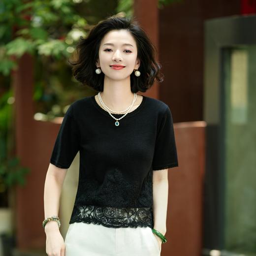 西子/白色恋人三醋酸莱赛尔蕾丝刺绣拼接圆领上衣/MSBH1333 商品图1