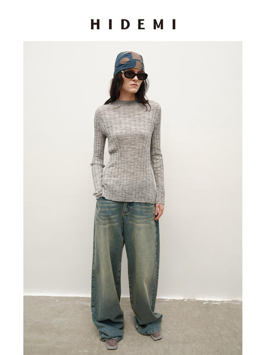 HIDEMI 极细美利奴羊毛花纱设计感前短后长开衩针织毛衣 花灰色/黑色 商品图1