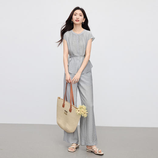 【专属特价】熙世界老钱风含亚麻套装女夏季高级感通勤气质上衣阔腿裤子两件套 商品图2