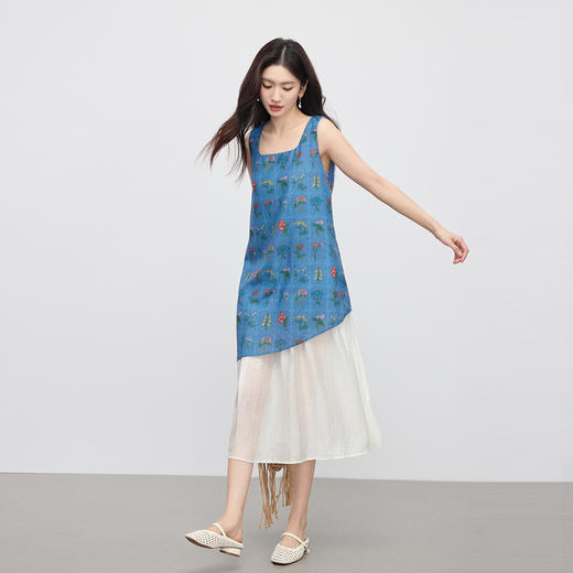 【07/30新品5.5折】熙世界植物印花假两件背心连衣裙女夏季新款法式方领拼接无袖裙子 商品图2