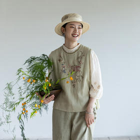 牧衣游原创 手工刺绣棉麻混织马夹早秋古朴文艺百搭圆领马甲 瑙河