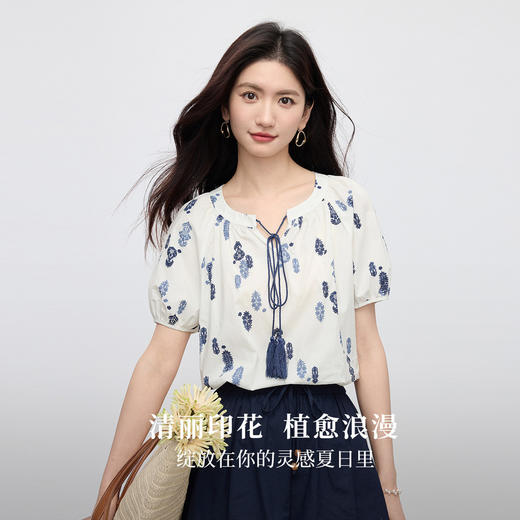 【周末秒杀】熙世界度假风复古碎花衬衫女夏季2025年新款气质印花短袖纯棉小衫 商品图1