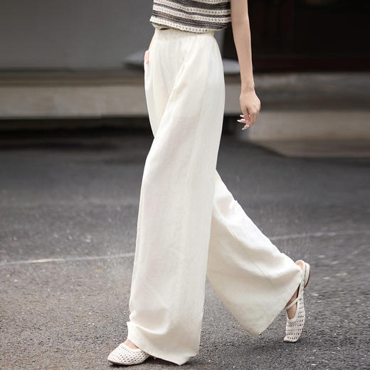【07/30新品6.5折】熙世界通勤天丝亚麻阔腿裤女夏季薄款高腰宽松休闲直筒白色长裤子 商品图2