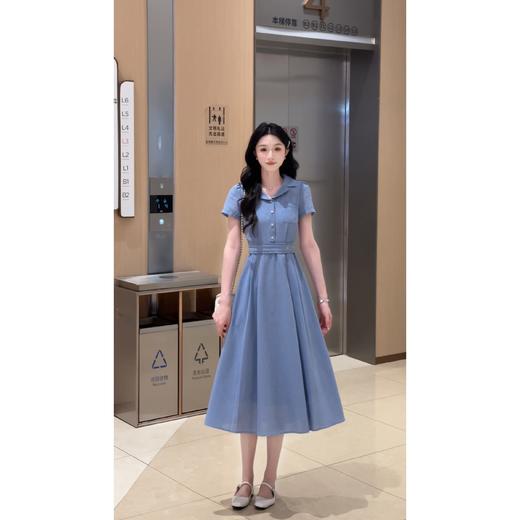 鹿向南「冰蓝诗语」夏季新款翻领连衣裙女收腰显瘦休闲短袖长裙 商品图4