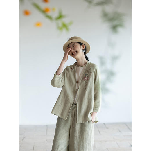 牧衣游原创 手工刺绣棉麻混织短外套慵懒感轻薄质朴系带开衫 愿如 商品图3